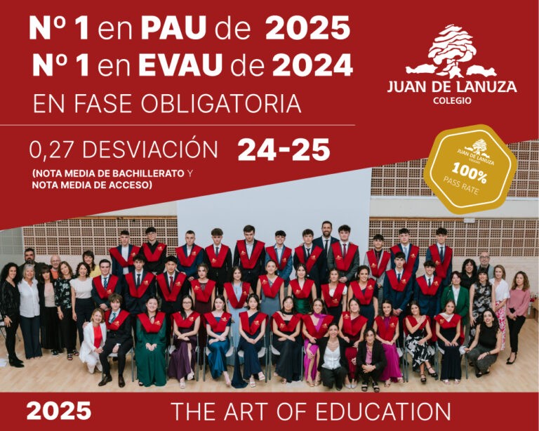 Promoción de Bachillerato del Colegio Juan de Lanuza tras obtener el primer puesto en la PAU 2025 en la fase obligatoria.