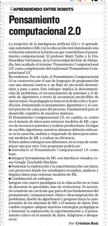 Artículo de Heraldo Escolar titulado “Pensamiento computacional 2.0”, firmado por Cristian Ruiz, sobre la integración de la inteligencia artificial en educación.