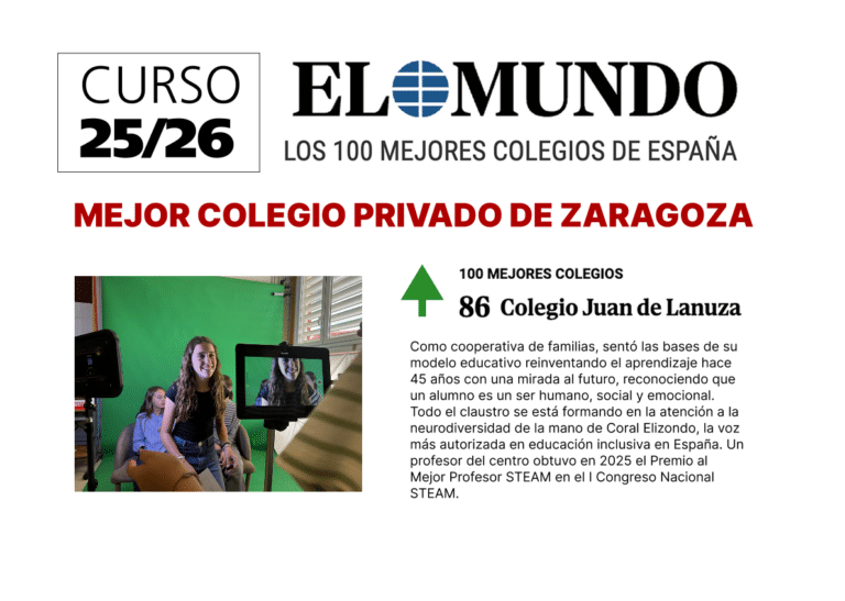 El Colegio Juan de Lanuza se sitúa en el puesto 86 del ranking de los 100 mejores colegios de España de El Mundo 2026.