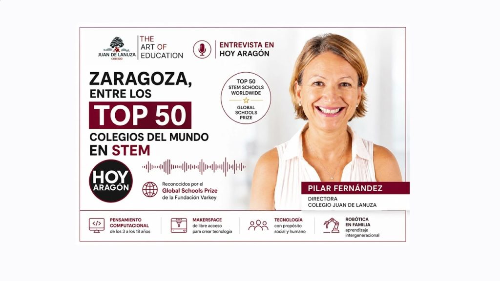 Carátula de la entrevista a Pilar Fernández en Hoy Aragón sobre el reconocimiento STEM del Colegio Juan de Lanuza.