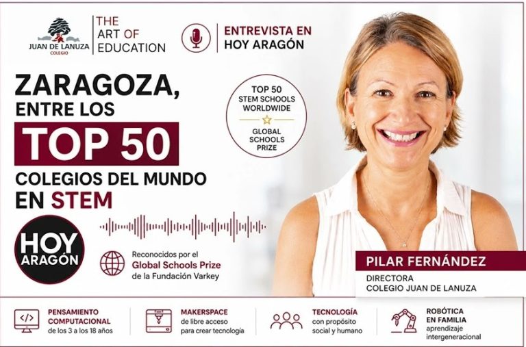 Carátula de la entrevista a Pilar Fernández en Hoy Aragón sobre el reconocimiento STEM del Colegio Juan de Lanuza.