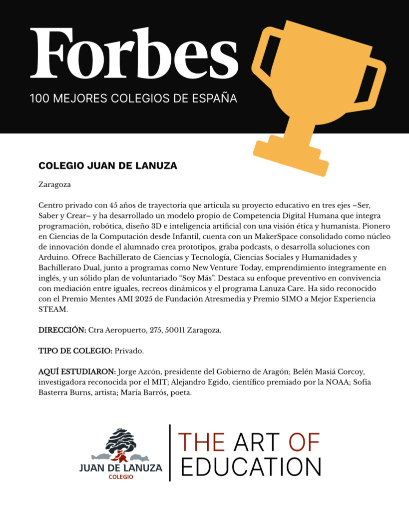 El Colegio Juan de Lanuza, reconocido entre los 100 mejores colegios de España en las clasificaciones de El Mundo y Forbes 2026.