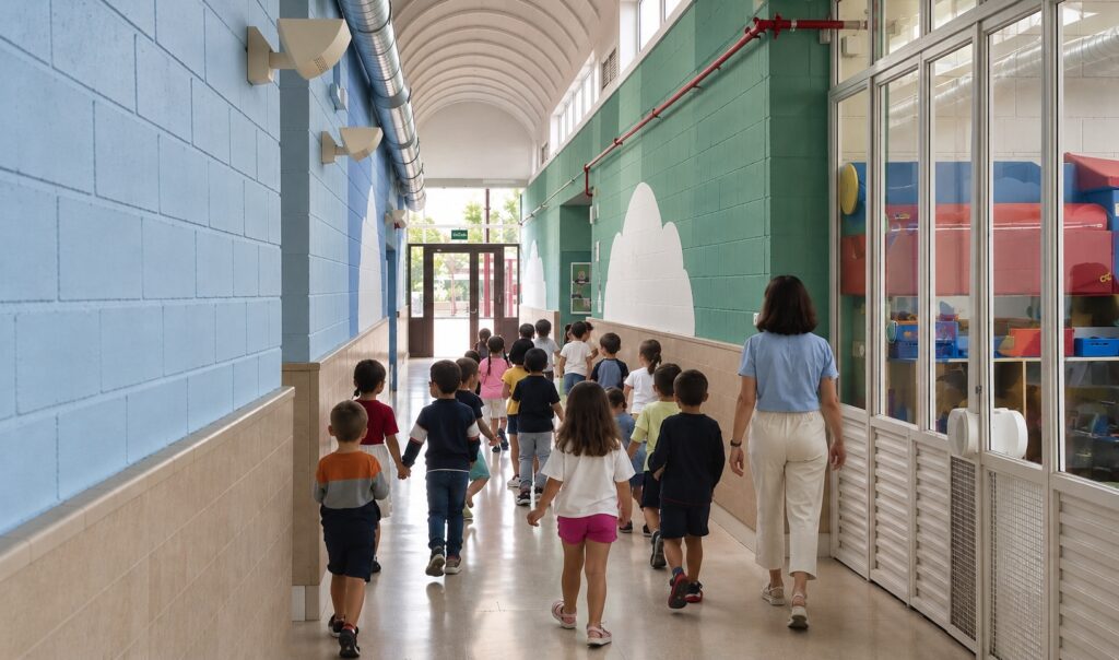 Alumnado de Infantil camina con su profesora por un pasillo luminoso del Colegio Juan de Lanuza.