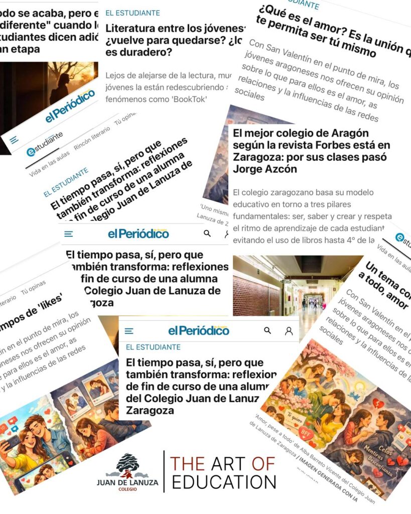 Collage de artículos del alumnado del Colegio Juan de Lanuza publicados en El Periódico de Aragón.